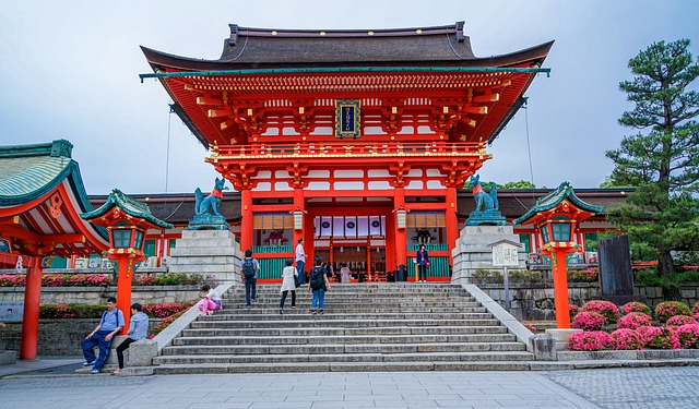 Large red torii castle with green tiled roofs
